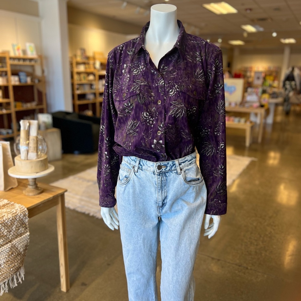Women's Vintage Purple Floral Button-Up Shirt